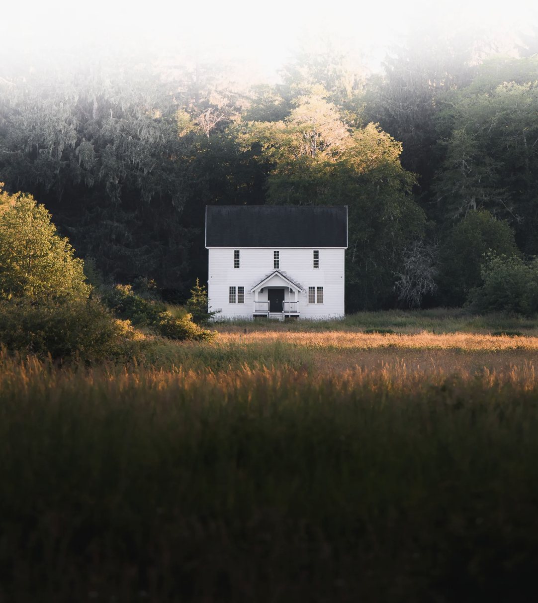 A welcoming home nestled among trees at golden hour.