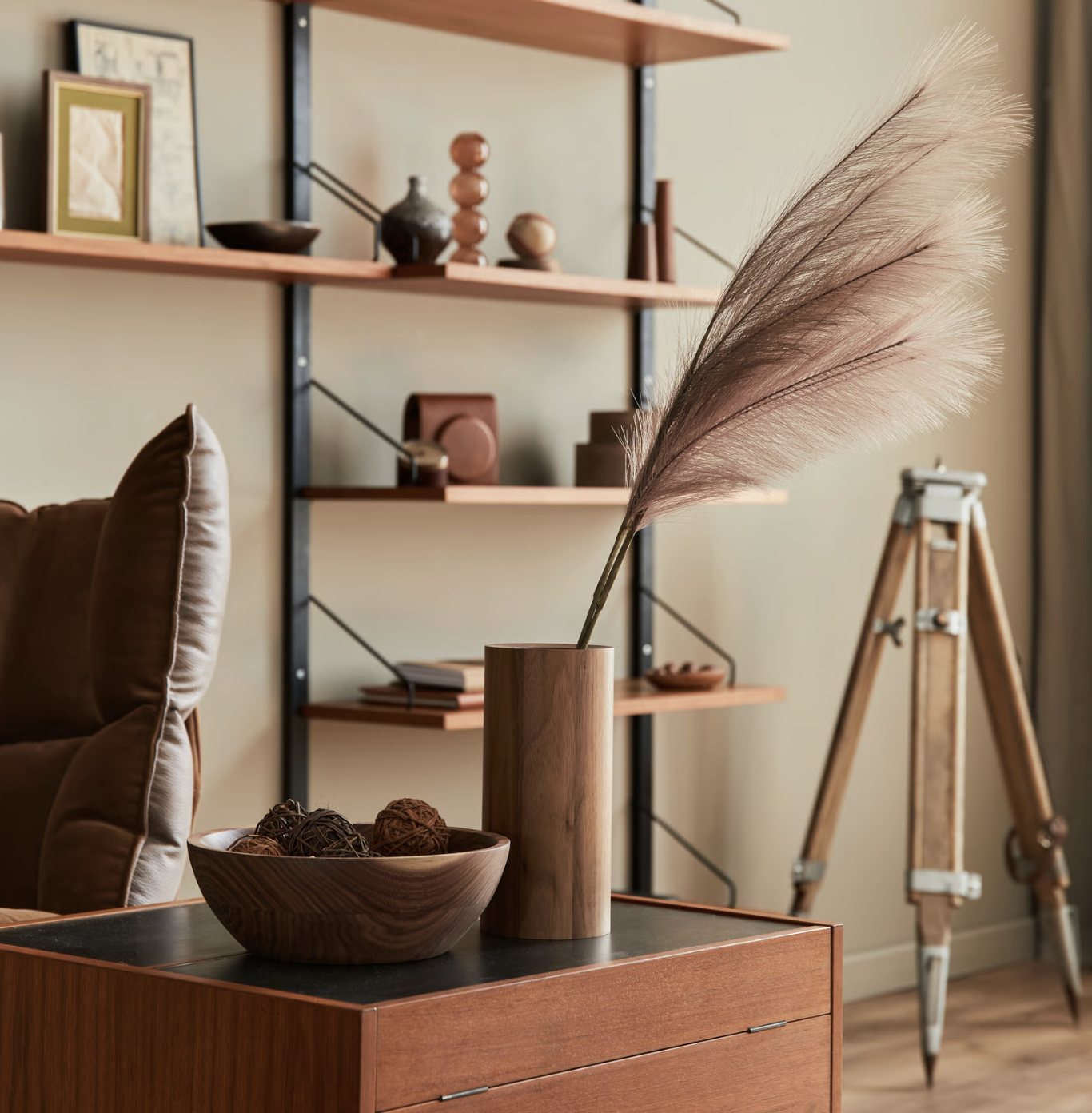 A tasteful decorative accent on a wooden shelf.