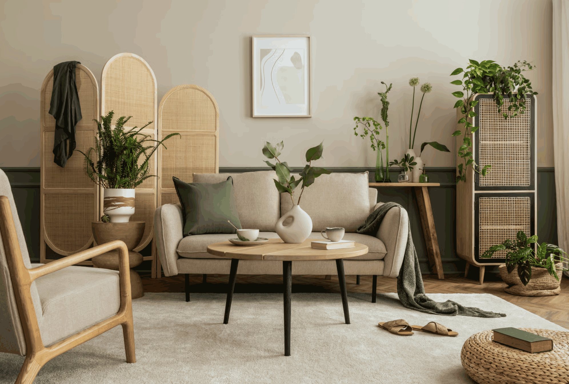 A neutral, plant-filled living room with natural textures.
